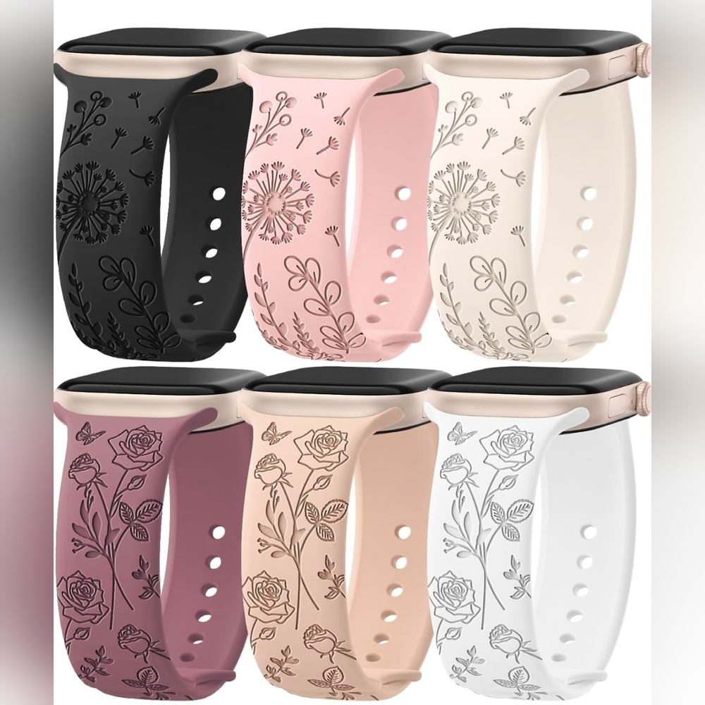 EOMTAM 6 Pack Floral Engraved Silicone Bands Compatible for Apple Watch